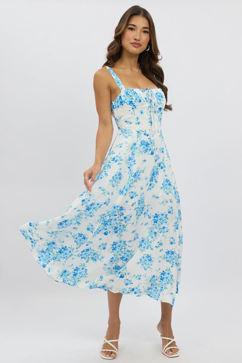 Blue Floral Midi Dress Gathered Bust