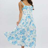Blue Floral Midi Dress Gathered Bust