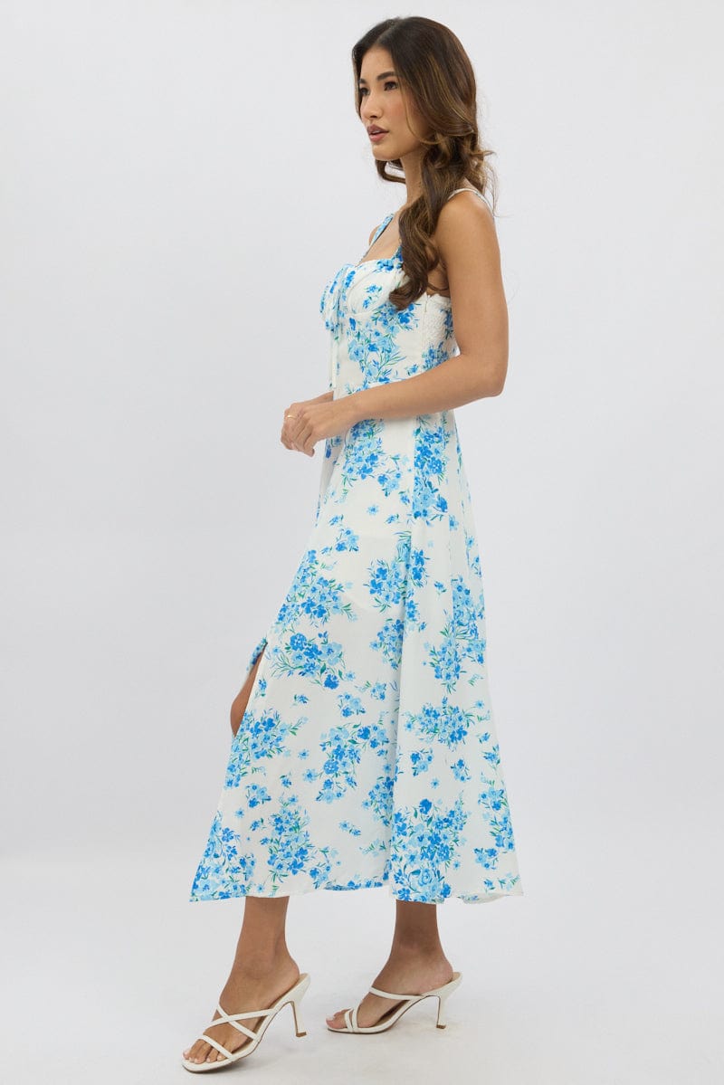 Blue Floral Midi Dress Gathered Bust