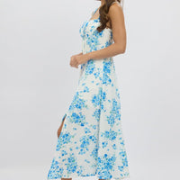 Blue Floral Midi Dress Gathered Bust