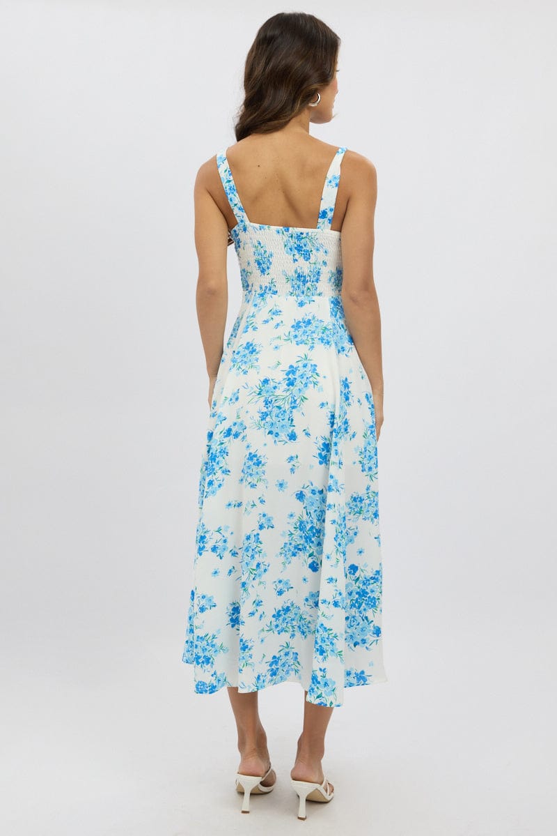 Blue Floral Midi Dress Gathered Bust
