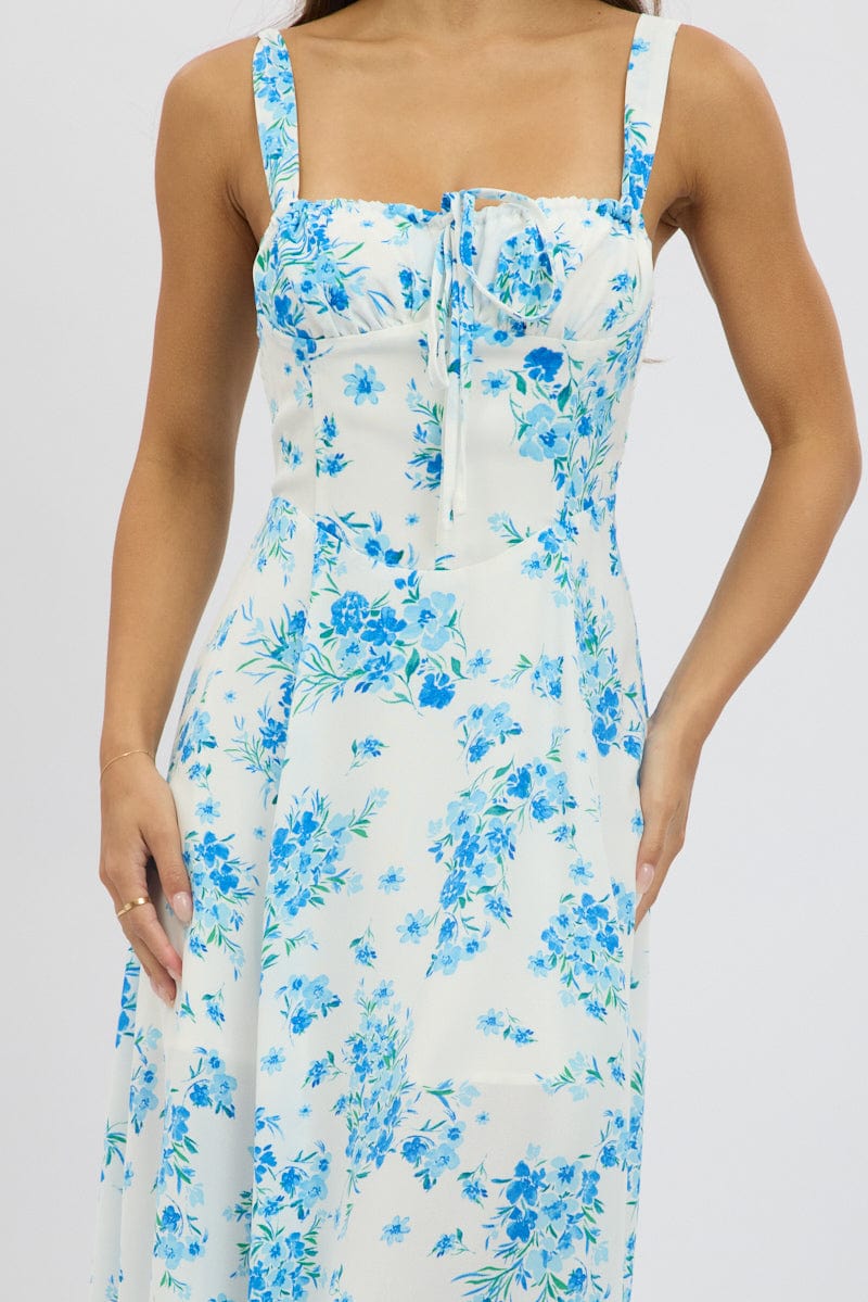 Blue Floral Midi Dress Gathered Bust