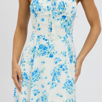 Blue Floral Midi Dress Gathered Bust