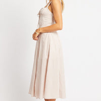 Beige Check Midi Dress Gathered Bust