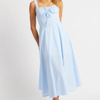 Blue Check Midi Dress Gathered Bust