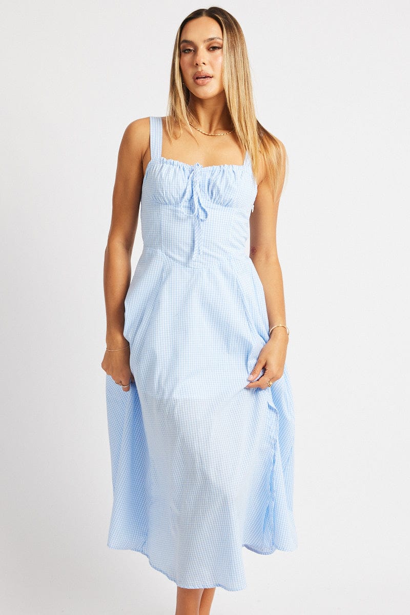 Blue Check Midi Dress Gathered Bust