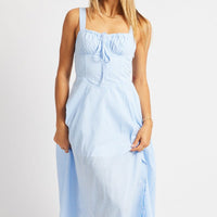 Blue Check Midi Dress Gathered Bust