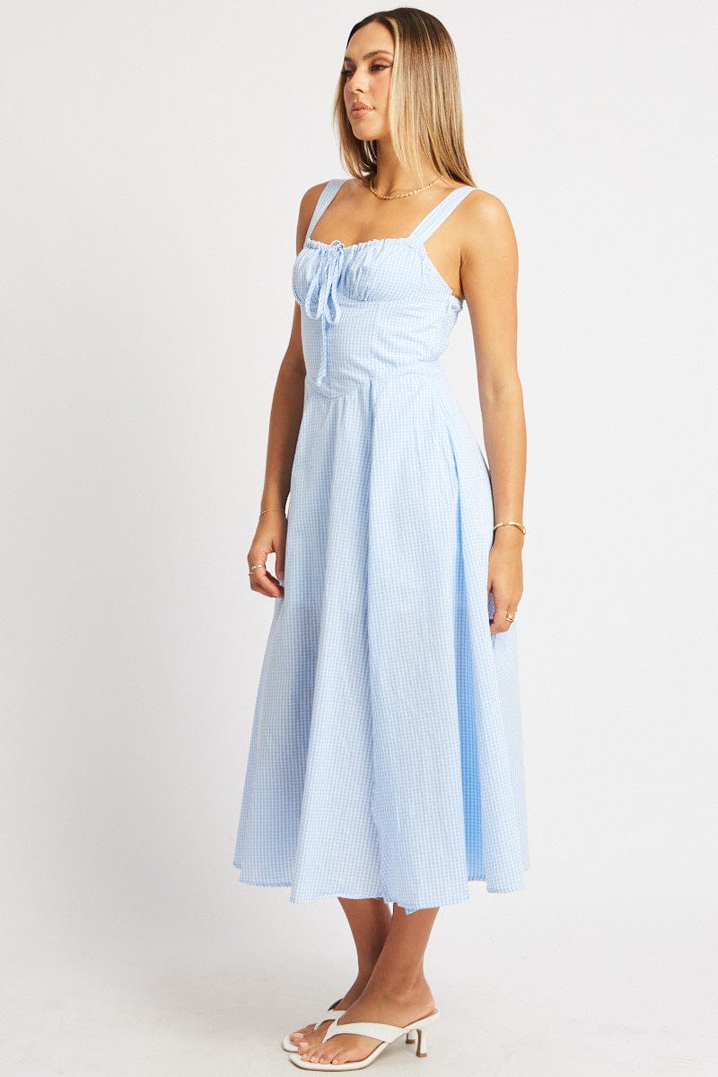 Blue Check Midi Dress Gathered Bust