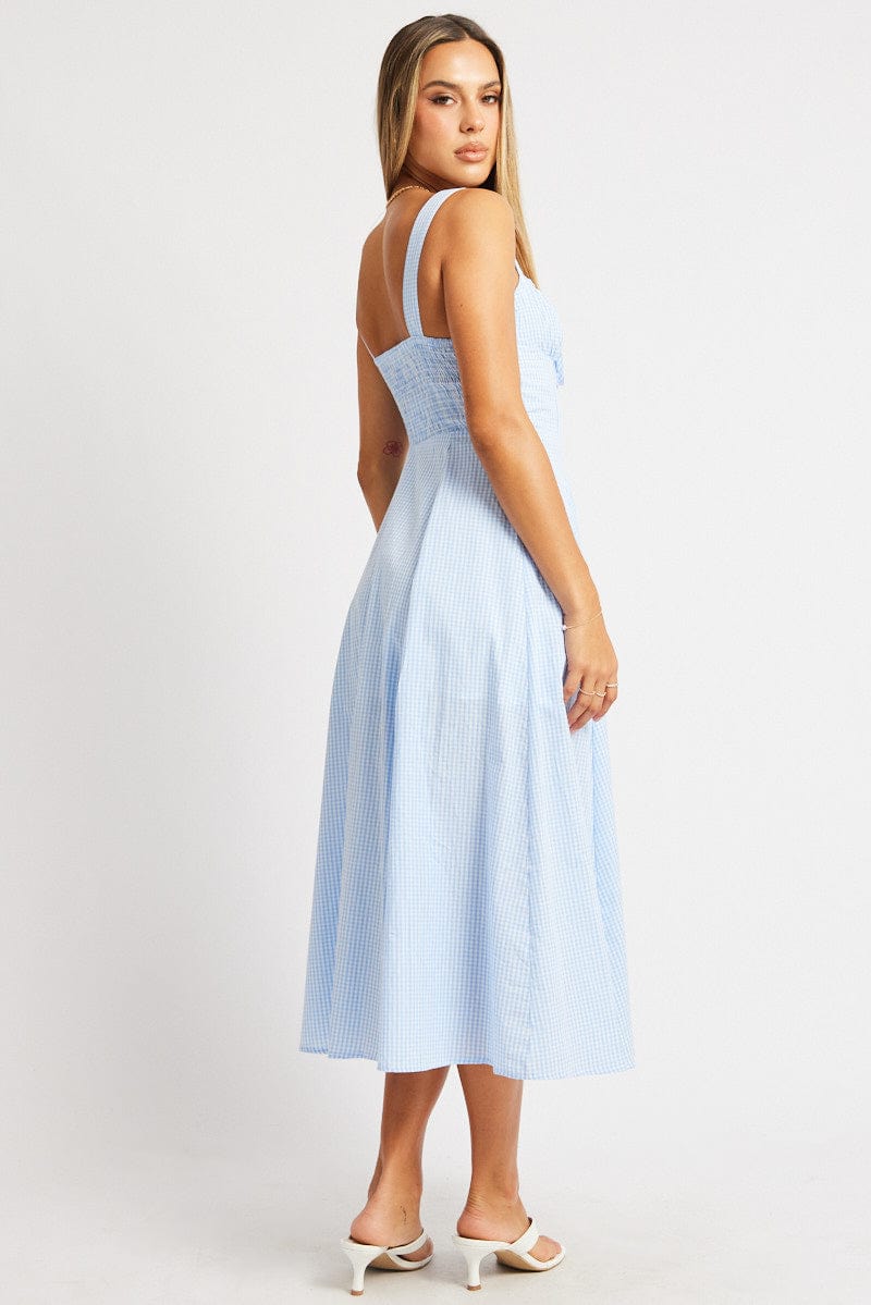 Blue Check Midi Dress Gathered Bust