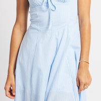 Blue Check Midi Dress Gathered Bust