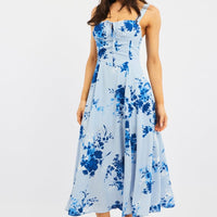 Blue Floral Midi Dress Gathered Bust