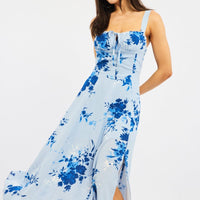 Blue Floral Midi Dress Gathered Bust
