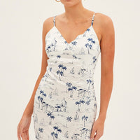 Blue Abstract Midi Dress Sleeveless V Neck Printed Satin