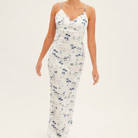 Blue Abstract Midi Dress Sleeveless V Neck Printed Satin