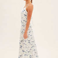 Blue Abstract Midi Dress Sleeveless V Neck Printed Satin