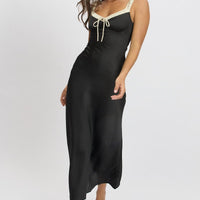 Black Midi Dress Elasticated Shoulder Strap Satin