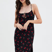 Red Floral Midi Dress Grunge Floral Print
