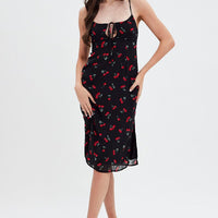 Red Floral Midi Dress Grunge Floral Print