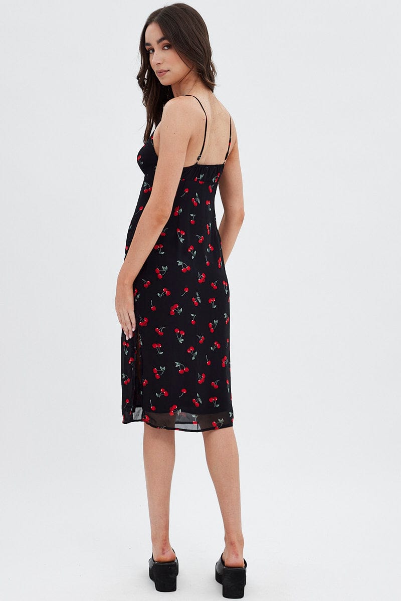 Red Floral Midi Dress Grunge Floral Print