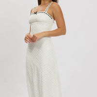 White Midi Dress Lace Trim Sleeveless Eyelet Fabric