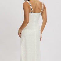 White Midi Dress Lace Trim Sleeveless Eyelet Fabric