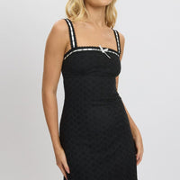 Black Midi Dress Lace Trim Sleeveless Eyelet Fabric