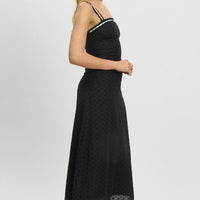 Black Midi Dress Lace Trim Sleeveless Eyelet Fabric