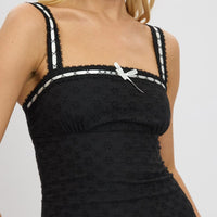 Black Midi Dress Lace Trim Sleeveless Eyelet Fabric