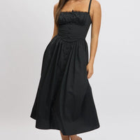 Black Midi Dress Lace Trim Corset Detail Poplin