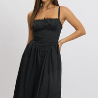 Black Midi Dress Lace Trim Corset Detail Poplin