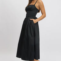 Black Midi Dress Lace Trim Corset Detail Poplin