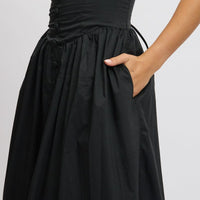Black Midi Dress Lace Trim Corset Detail Poplin