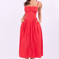 Red Midi Dress Lace Trim Corset Detail Poplin