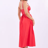 Red Midi Dress Lace Trim Corset Detail Poplin