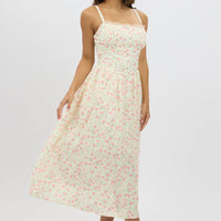 White Ditsy Midi Dress Lace Trim