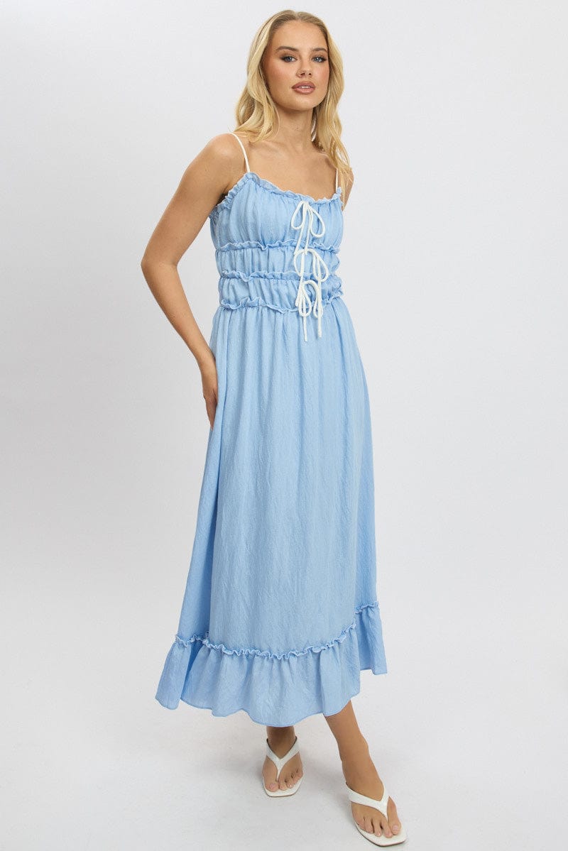 Blue Midi Dress Contrast Tie