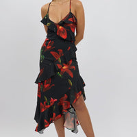 Black Floral Midi Dress Ruffle Detail