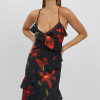 Black Floral Midi Dress Ruffle Detail