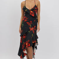 Black Floral Midi Dress Ruffle Detail