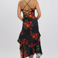 Black Floral Midi Dress Ruffle Detail