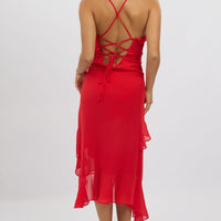 Red Midi Dress Ruffle Detail