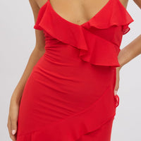 Red Midi Dress Ruffle Detail
