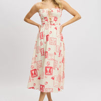 Red Abstract Midi Dress Ribbon Detail Strappy