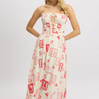 Red Abstract Midi Dress Ribbon Detail Strappy