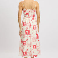 Red Abstract Midi Dress Ribbon Detail Strappy