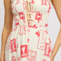 Red Abstract Midi Dress Ribbon Detail Strappy