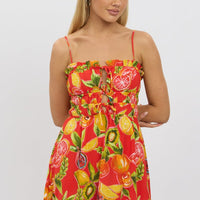 Red Abstract Midi Dress Ribbon Detail Strappy