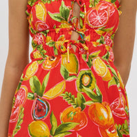 Red Abstract Midi Dress Ribbon Detail Strappy