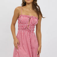 Red Check Midi Dress Ribbon Detail Strappy