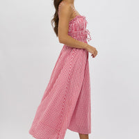Red Check Midi Dress Ribbon Detail Strappy